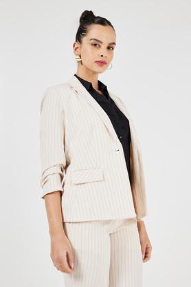 stripes collared blended fabric women's formal wear blazer - natural
