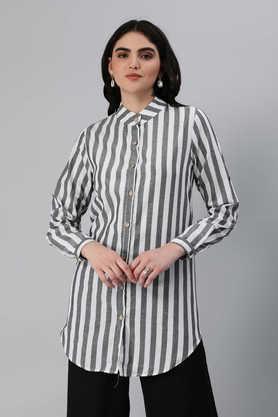 stripes collared blended fabric women's formal wear shirt - black