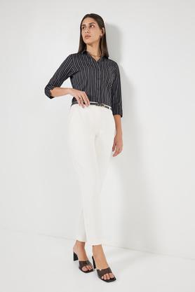 stripes collared blended fabric women's formal wear shirt - black