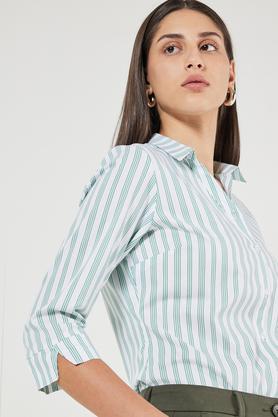 stripes collared blended fabric women's formal wear shirt - white