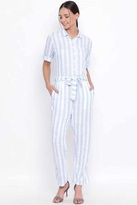 stripes collared cotton blend women's jumpsuits - blue