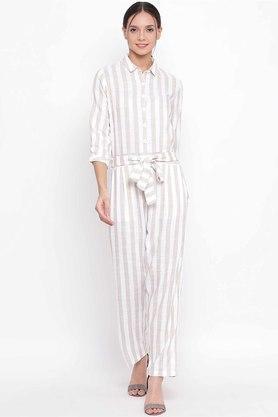 stripes collared cotton blend women's jumpsuits - grey