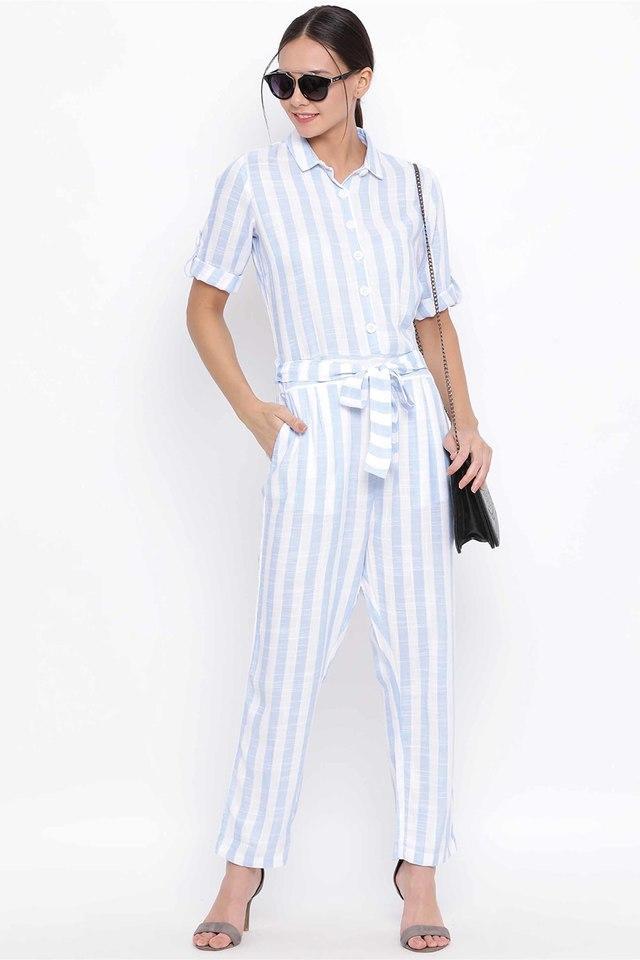 stripes collared cotton blend womens jumpsuits