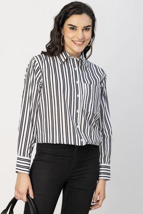 stripes collared cotton women's casual wear shirt - black