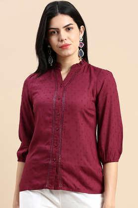 stripes collared cotton women's casual wear shirt - burgundy