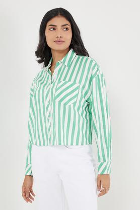 stripes collared cotton women's casual wear shirt - green