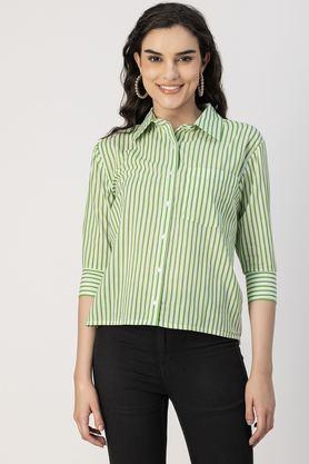 stripes collared cotton women's casual wear shirt - green