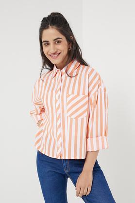 stripes collared cotton women's casual wear shirt - multi