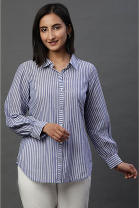 stripes collared cotton women's casual wear shirt - navy
