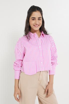 stripes collared cotton women's casual wear shirt - pink