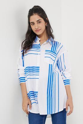 stripes collared cotton women's casual wear shirt - white