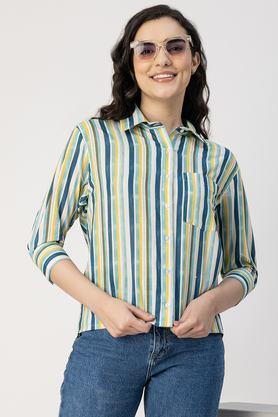 stripes collared cotton women's casual wear shirt - yellow