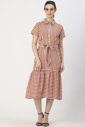 stripes collared cotton women's knee length dress - orange