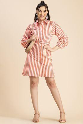 stripes collared cotton women's knee length dress - pink