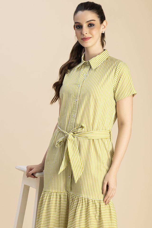 stripes collared cotton womens knee length dress