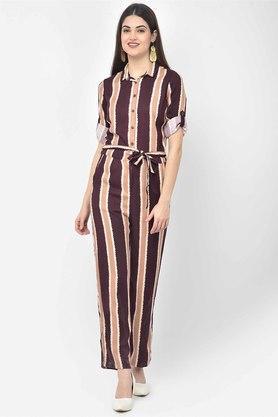 stripes collared lyocell women's jumpsuits - red