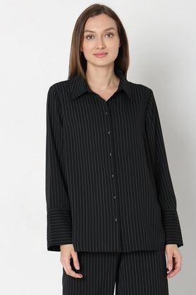 stripes collared polyester women's casual wear shirt - black
