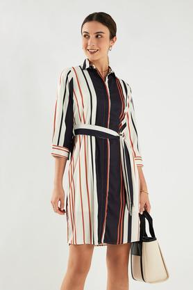 stripes collared polyester women's knee length dress - natural