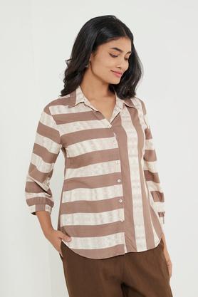 stripes collared rayon women's casual wear shirt - brown