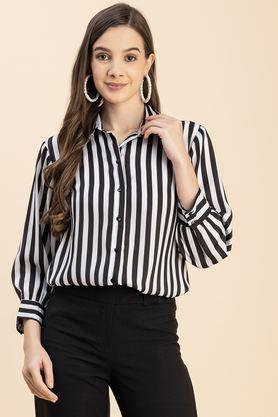 stripes collared satin women's casual wear shirt - black & white