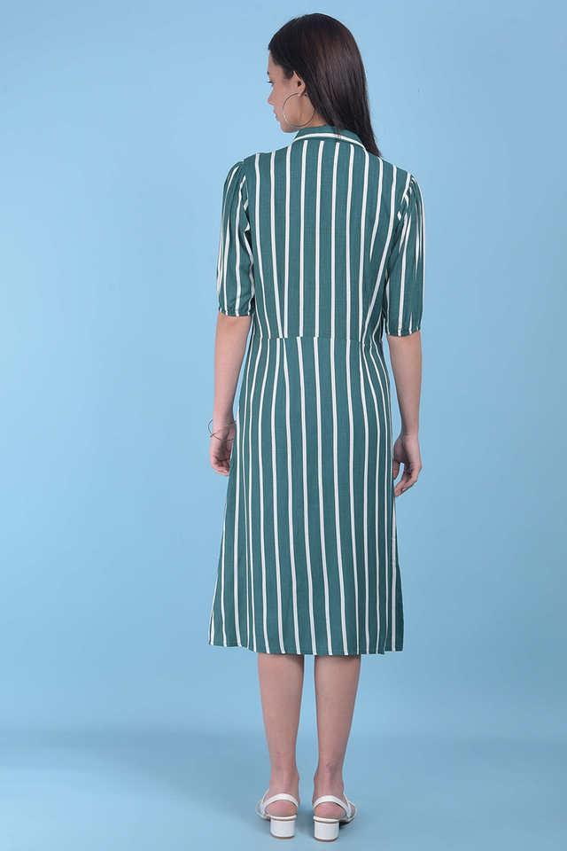 stripes collared viscose womens calf length dress