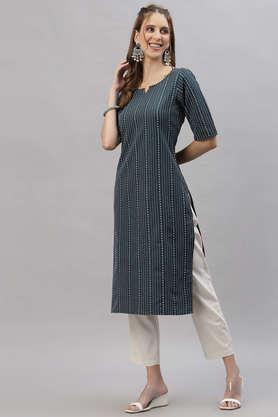 stripes cotton blend round neck women's kurta - blue