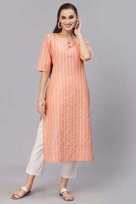 stripes cotton blend round neck women's kurta - orange