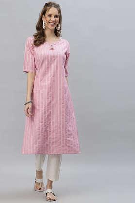 stripes cotton blend round neck women's kurta - pink