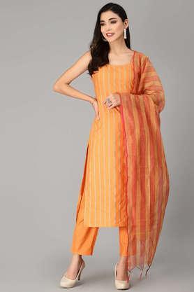 stripes cotton blend round neck women's kurta pant dupatta set - orange