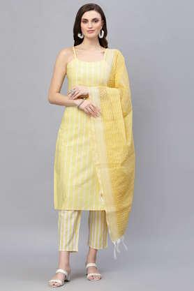 stripes cotton blend round neck women's kurta pant dupatta set - yellow