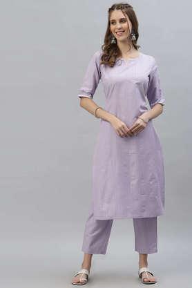 stripes cotton blend round neck women's kurta pant set - mauve