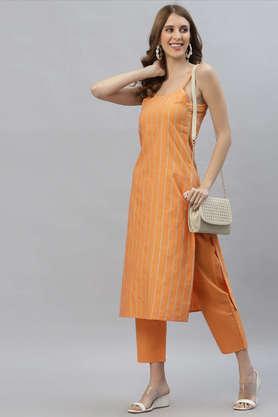 stripes cotton blend round neck women's kurta pant set - orange
