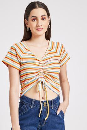 stripes cotton blend round neck women's top - multi