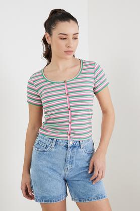 stripes cotton blend round neck women's top - pink