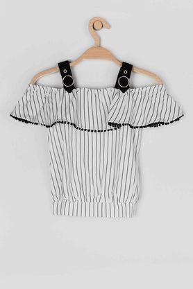 stripes cotton blend square neck girls top - off white
