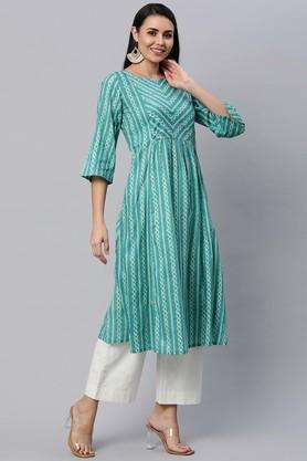 stripes cotton boat neck women's casual kurta - blue