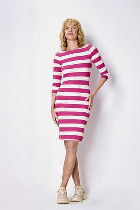 stripes cotton boat neck women's knee length dress - pink