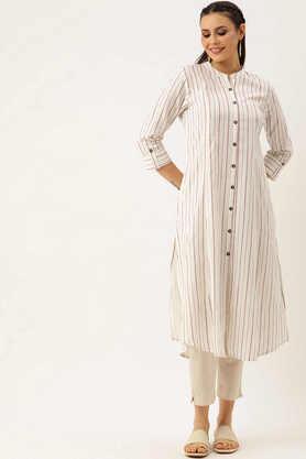 stripes cotton collar neck women's kurta - white