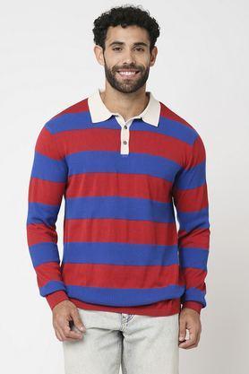 stripes cotton collared men's sweatshirt - blue