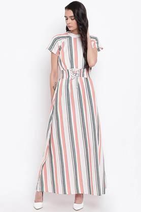 stripes cotton collared women's knee length dress - off white