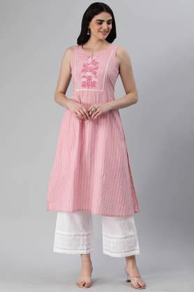 stripes cotton cotton round neck women's a line kurta - pink