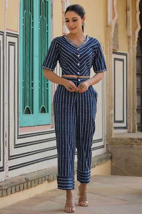stripes cotton flex woven women's clothing set - indigo
