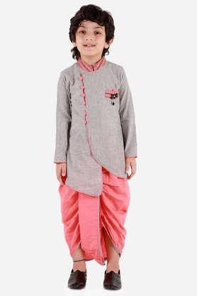 stripes cotton full length boys kurta & dhoti pant set - grey