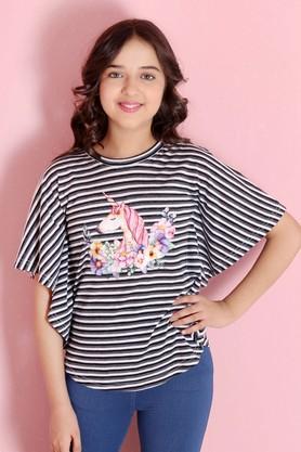 stripes cotton knit round neck girls tops - black