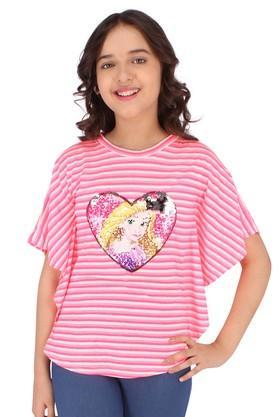 stripes cotton knit round neck girls tops - pink