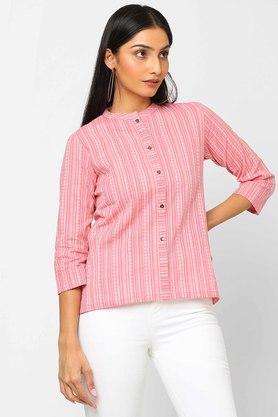 stripes cotton mandarin women's regular top - pink