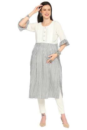 stripes cotton regular fit maternity cum nursing women's kurta - grey