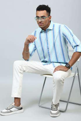 stripes cotton regular fit men's casual shirt - light blue