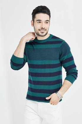 stripes cotton regular fit men's pullover - teal