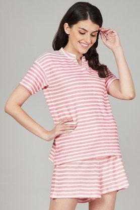 stripes cotton regular neck women's top and shorts set - pink